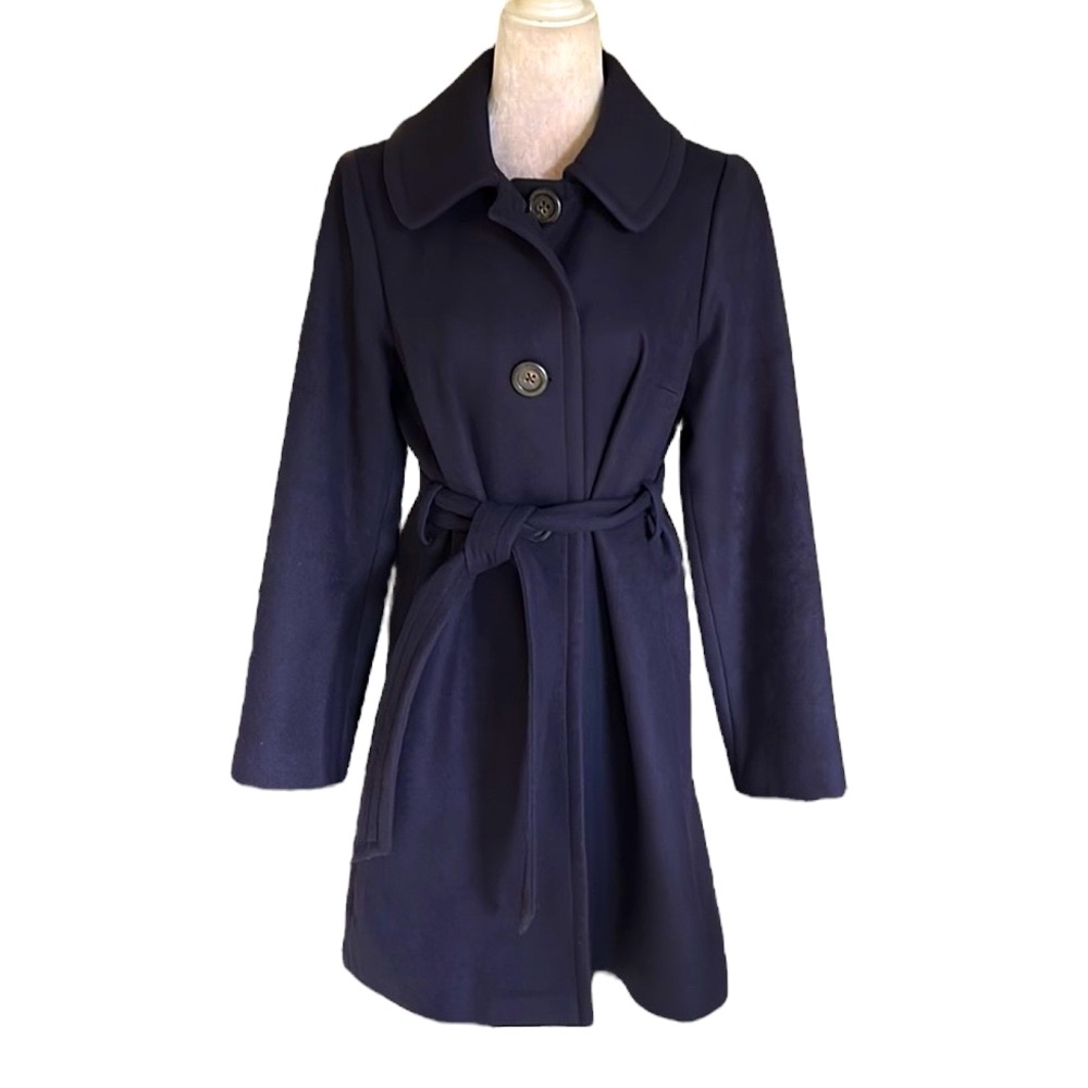 J. Crew Vintage Navy Blue Wool Cashmere Belted Longline Pea Coat Jacket - S